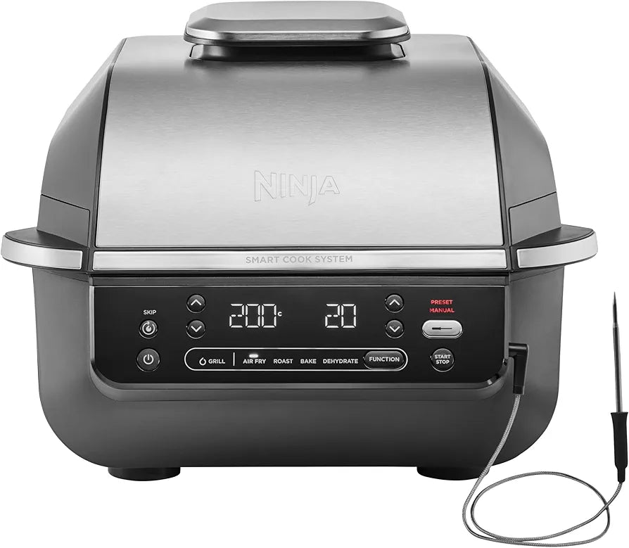 Ninja 5-in-1 Indoor Grill & Air Fryer, 5 Cooking Functions, Make Up to 4 Burgers, 5.7L capacity, Low Smoke, Includes Digital Meat Thermometer, Black/Silver, EG351UK