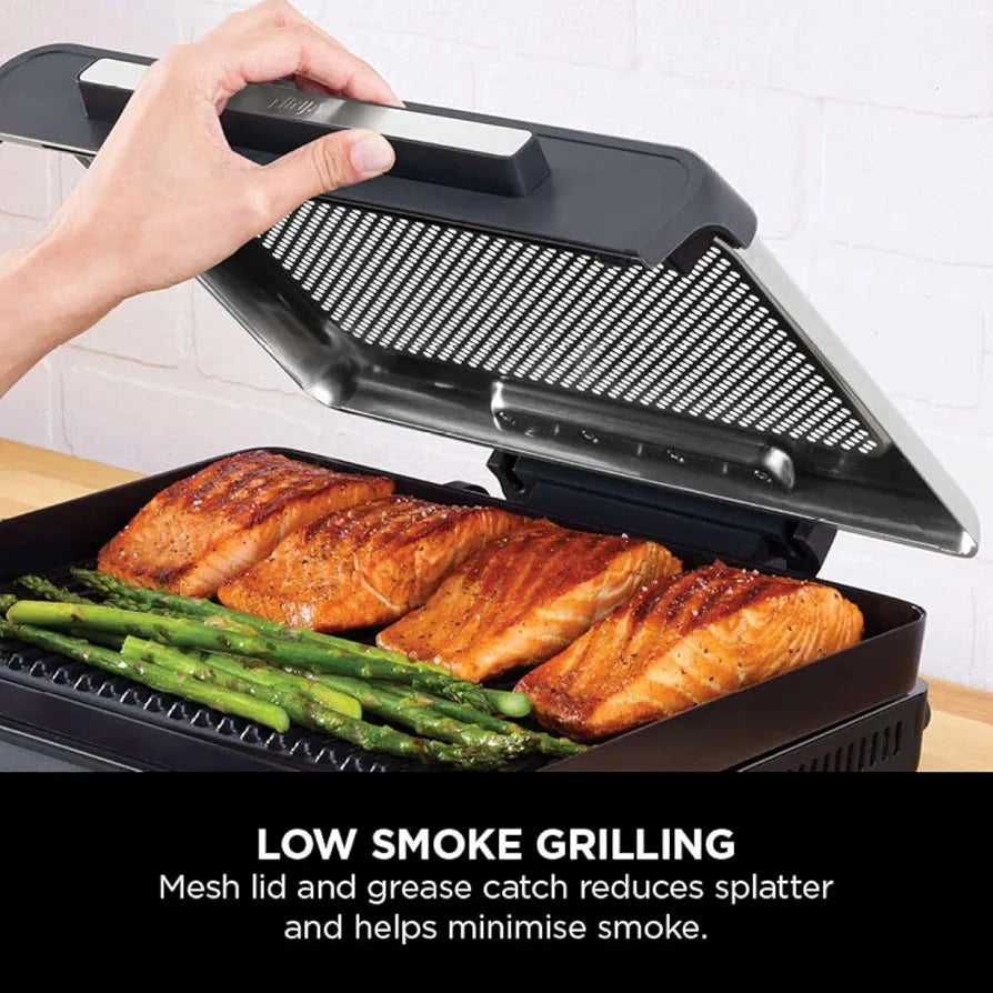 Ninja Sizzle Low Smoke Electric Indoor Grill & Flat Plate, 1460W, with Non-Stick Grill Plate & Flat Top Plate, Detachable Dishwasher Safe Lid, Grease Catch & Recipe Guide, Grey GR101UK