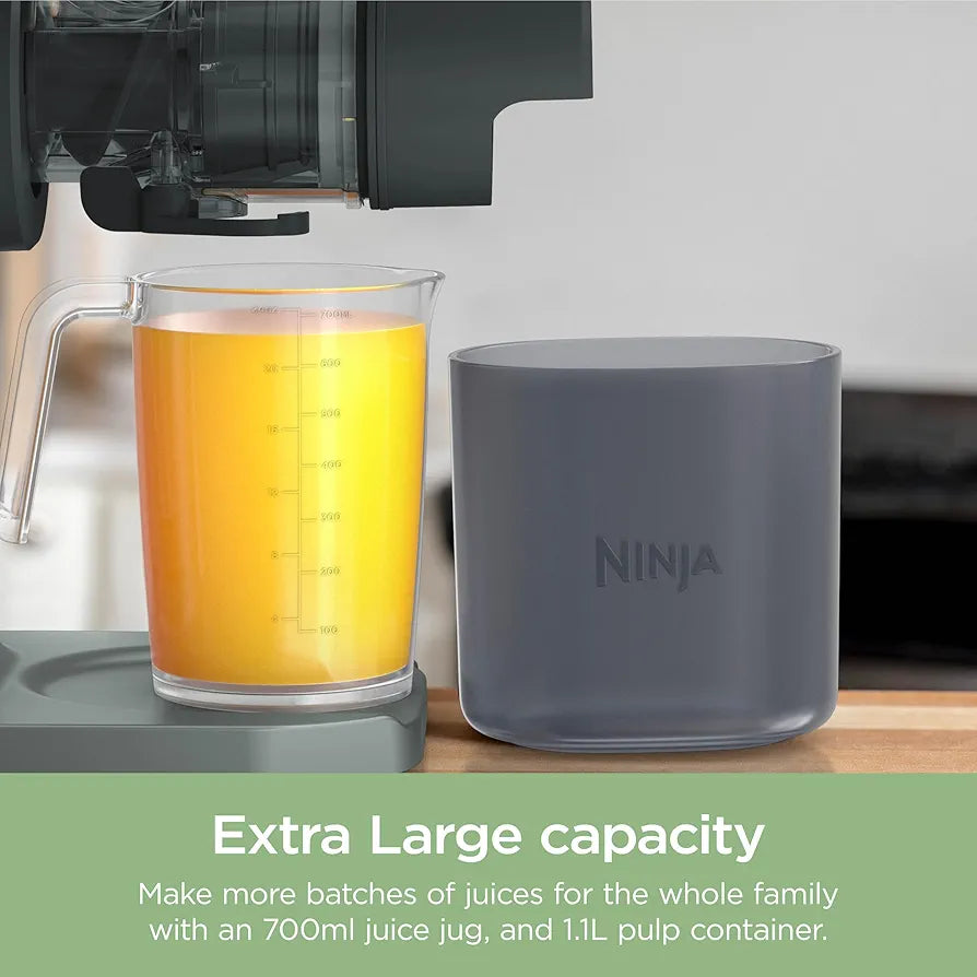 Ninja 3-in-1 Cold Press Juicer with Slice and Shred Blades, 700ml Jug and 1.1L Pulp Container, Make Fresh Juices and Process Vegetables, Compact, Dishwasher Safe Removeable Parts, Grey JC152UK