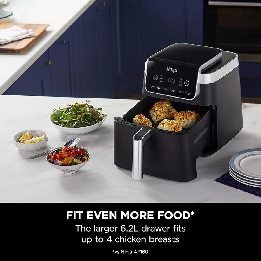 Ninja Air Fryer MAX PRO, 6.2L, Uses No Oil, Large Square Single Drawer, Roast, Bake, Air Fry, Digital, Cook From Frozen, Non-Stick, Dishwasher Safe Basket & Crisper Plate, Grey, AF180UKBRN