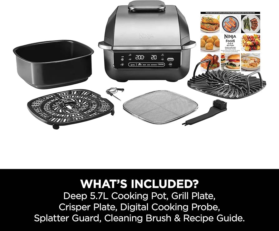 Ninja 5-in-1 Indoor Grill & Air Fryer, 5 Cooking Functions, Make Up to 4 Burgers, 5.7L capacity, Low Smoke, Includes Digital Meat Thermometer, Black/Silver, EG351UK