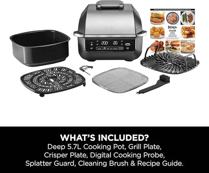Ninja 5-in-1 Indoor Grill & Air Fryer, 5 Cooking Functions, Make Up to 4 Burgers, 5.7L capacity, Low Smoke, Includes Digital Meat Thermometer, Black/Silver, EG351UK