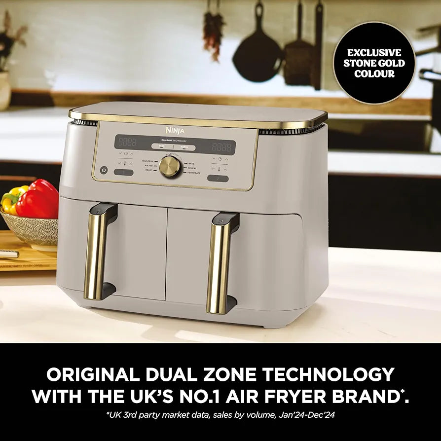 Ninja MAX Dual Zone Digital Air Fryer, 2 Drawers, 9.5L, 6-in-1, Uses No Oil, Air Fry, Max Crisp, Roast, Bake, Reheat, Dehydrate, Non-Stick, Dishwasher Safe Baskets, Stone Gold DZ400UKSTGD