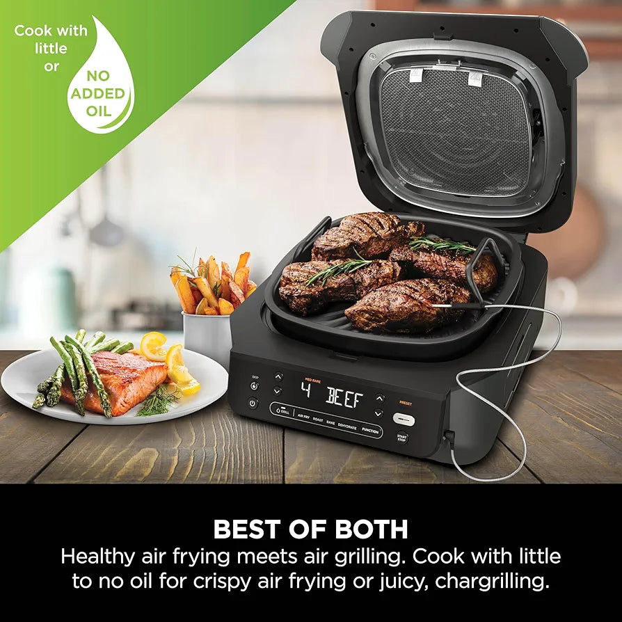 Ninja 5-in-1 Indoor Grill & Air Fryer, 5 Cooking Functions, Make Up to 4 Burgers, 5.7L capacity, Low Smoke, Includes Digital Meat Thermometer, Black/Silver, EG351UK