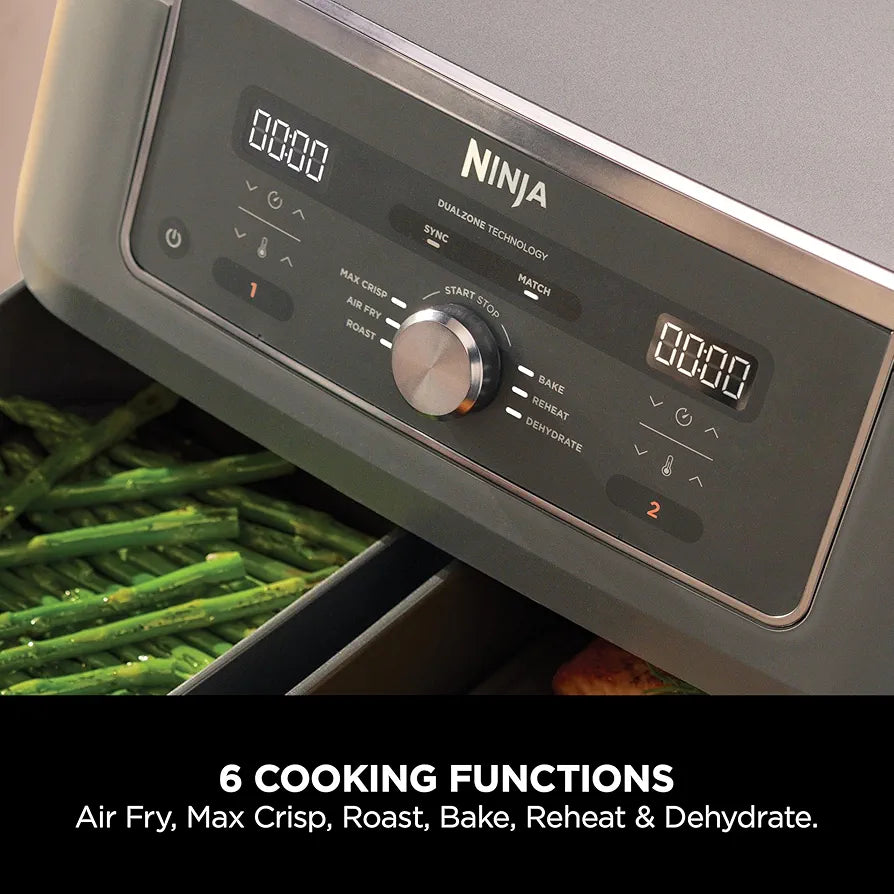 Ninja MAX Dual Zone Digital Air Fryer, 2 Drawers, 9.5L, 6-in-1, Uses No Oil, Air Fry, Max Crisp, Roast, Bake, Reheat, Dehydrate, Non-Stick, Dishwasher Safe Baskets, Gun Metal Grey DZ400UK