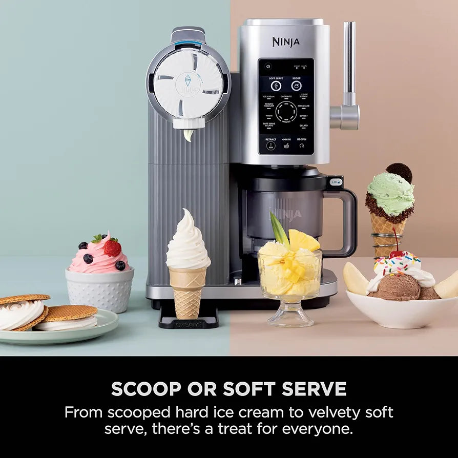 Ninja CREAMi Scoop and Swirl Soft Serve and Ice Cream Maker with 2x Tubs, 13 Functions, Makes Ice Cream, Soft Serve, Gelato, Sorbet, Milkshakes and More, Mix-In Option, Platinum Silver, NC701UK