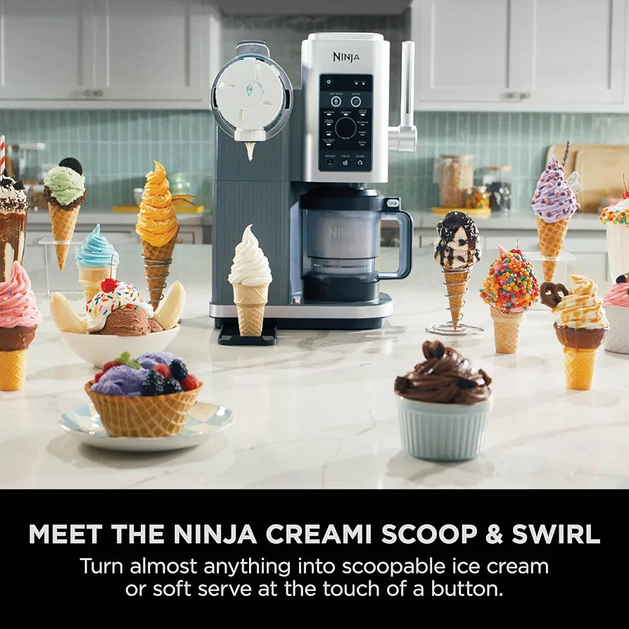 Ninja CREAMi Scoop and Swirl Soft Serve and Ice Cream Maker with 2x Tubs, 13 Functions, Makes Ice Cream, Soft Serve, Gelato, Sorbet, Milkshakes and More, Mix-In Option, Platinum Silver, NC701UK