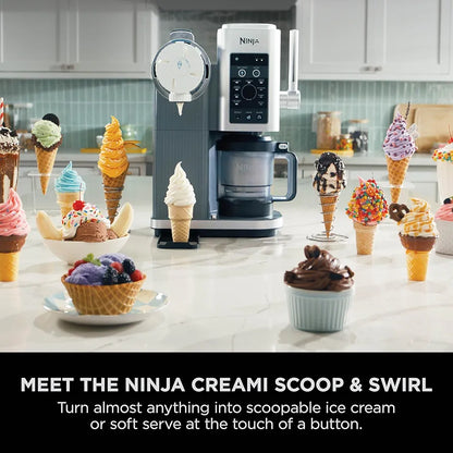 Ninja CREAMi Scoop and Swirl Soft Serve and Ice Cream Maker with 2x Tubs, 13 Functions, Makes Ice Cream, Soft Serve, Gelato, Sorbet, Milkshakes and More, Mix-In Option, Platinum Silver, NC701UK