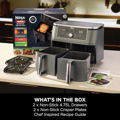 Ninja MAX Dual Zone Digital Air Fryer, 2 Drawers, 9.5L, 6-in-1, Uses No Oil, Air Fry, Max Crisp, Roast, Bake, Reheat, Dehydrate, Non-Stick, Dishwasher Safe Baskets, Gun Metal Grey DZ400UK