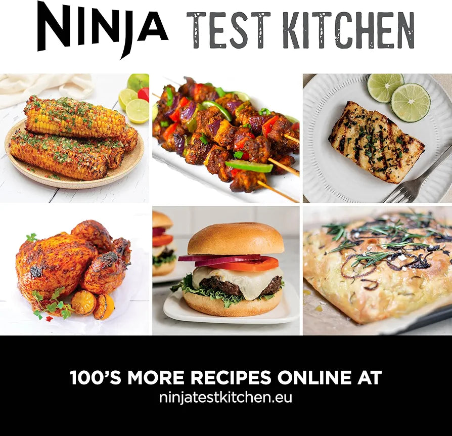 Ninja 5-in-1 Indoor Grill & Air Fryer, 5 Cooking Functions, Make Up to 4 Burgers, 5.7L capacity, Low Smoke, Includes Digital Meat Thermometer, Black/Silver, EG351UK