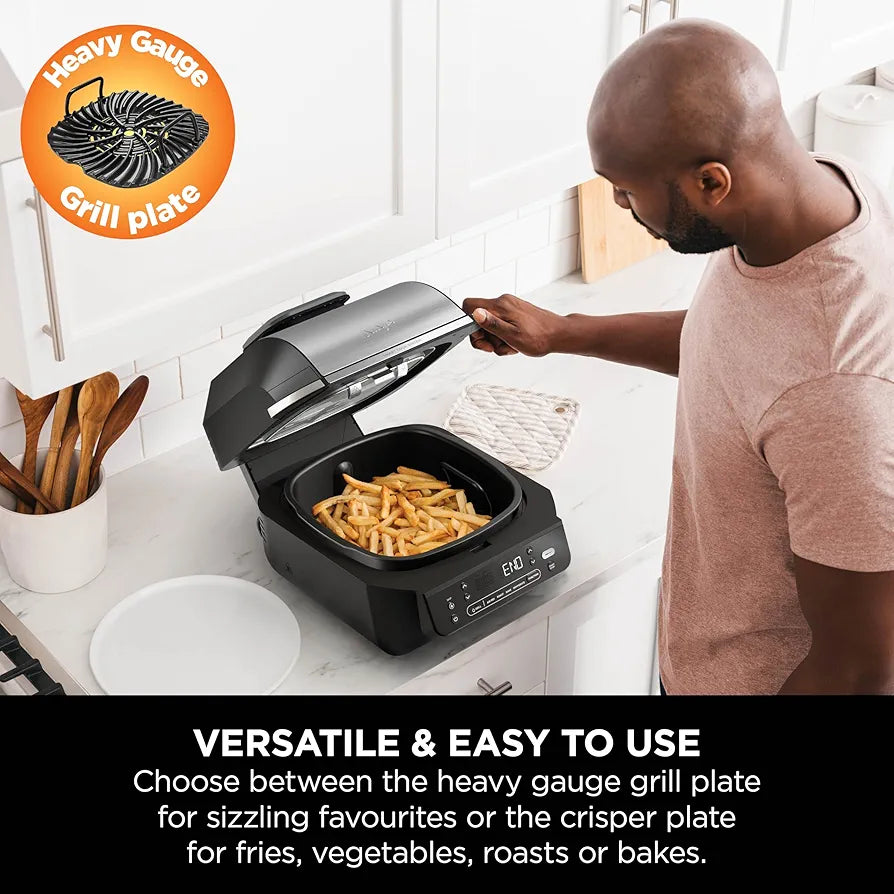 Ninja 5-in-1 Indoor Grill & Air Fryer, 5 Cooking Functions, Make Up to 4 Burgers, 5.7L capacity, Low Smoke, Includes Digital Meat Thermometer, Black/Silver, EG351UK