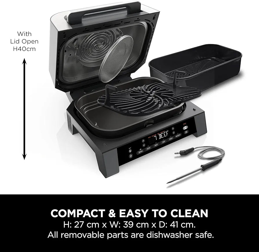Ninja 6-in-1 MAX Indoor Grill & Air Fryer, 6 Cooking Functions, Make Up to 6 Burgers, 3.8L Capacity, Low Smoke, Includes Digital Meat Thermometer, Grey/Silver, DG551UK