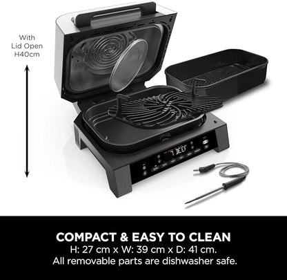 Ninja 6-in-1 MAX Indoor Grill & Air Fryer, 6 Cooking Functions, Make Up to 6 Burgers, 3.8L Capacity, Low Smoke, Includes Digital Meat Thermometer, Grey/Silver, DG551UK