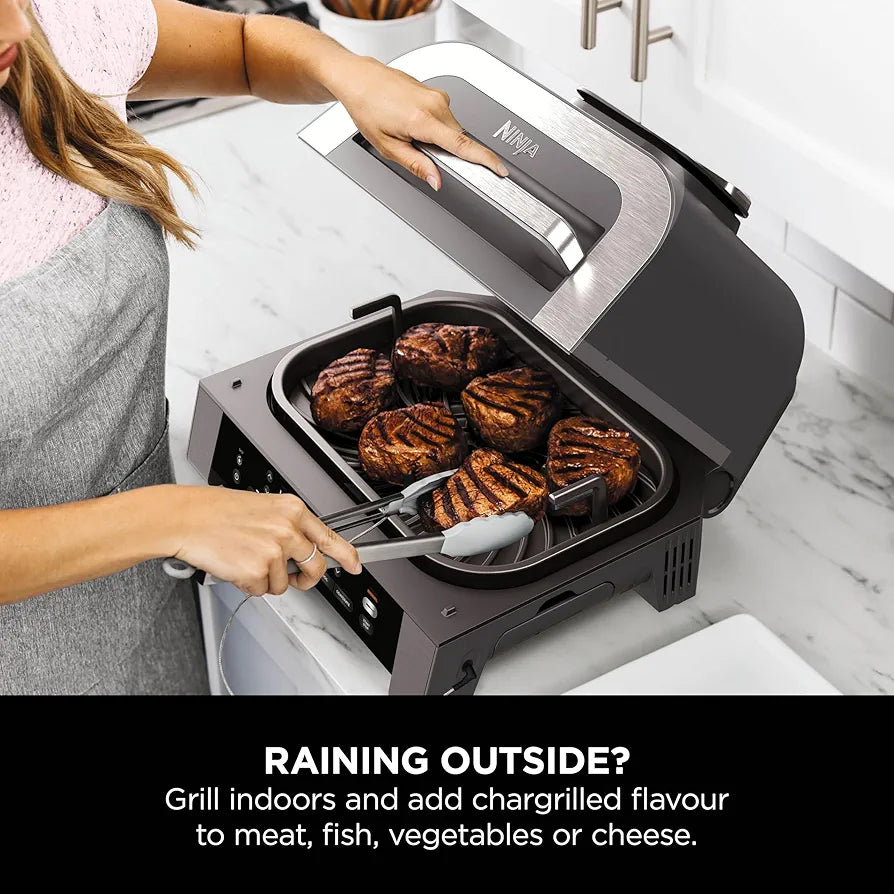 Ninja 6-in-1 MAX Indoor Grill & Air Fryer, 6 Cooking Functions, Make Up to 6 Burgers, 3.8L Capacity, Low Smoke, Includes Digital Meat Thermometer, Grey/Silver, DG551UK