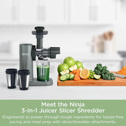 Ninja 3-in-1 Cold Press Juicer with Slice and Shred Blades, 700ml Jug and 1.1L Pulp Container, Make Fresh Juices and Process Vegetables, Compact, Dishwasher Safe Removeable Parts, Grey JC152UK