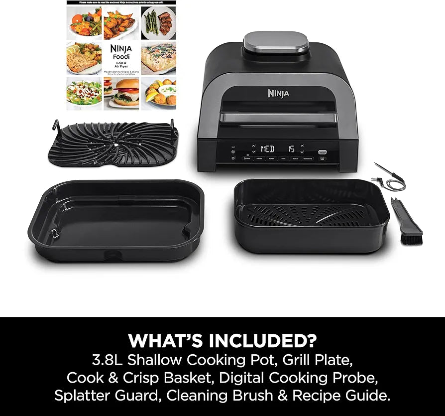 Ninja 6-in-1 MAX Indoor Grill & Air Fryer, 6 Cooking Functions, Make Up to 6 Burgers, 3.8L Capacity, Low Smoke, Includes Digital Meat Thermometer, Grey/Silver, DG551UK