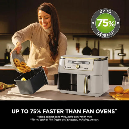 Ninja MAX Dual Zone Digital Air Fryer, 2 Drawers, 9.5L, 6-in-1, Uses No Oil, Air Fry, Max Crisp, Roast, Bake, Reheat, Dehydrate, Non-Stick, Dishwasher Safe Baskets, Stone Gold DZ400UKSTGD