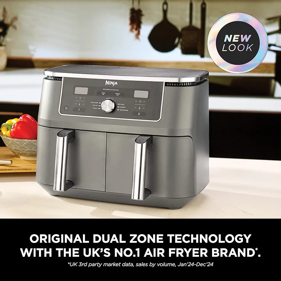 Ninja MAX Dual Zone Digital Air Fryer, 2 Drawers, 9.5L, 6-in-1, Uses No Oil, Air Fry, Max Crisp, Roast, Bake, Reheat, Dehydrate, Non-Stick, Dishwasher Safe Baskets, Gun Metal Grey DZ400UK