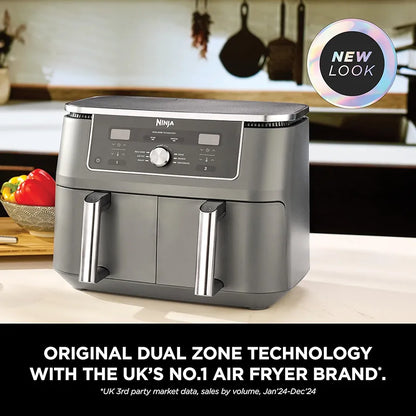 Ninja MAX Dual Zone Digital Air Fryer, 2 Drawers, 9.5L, 6-in-1, Uses No Oil, Air Fry, Max Crisp, Roast, Bake, Reheat, Dehydrate, Non-Stick, Dishwasher Safe Baskets, Gun Metal Grey DZ400UK
