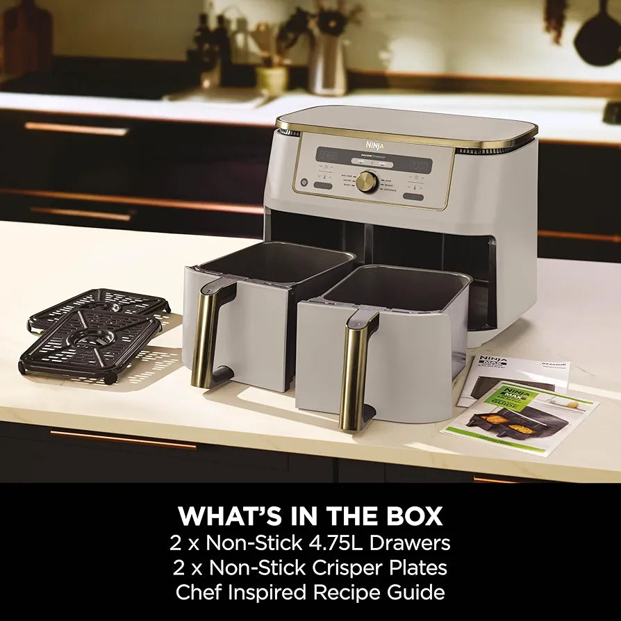 Ninja MAX Dual Zone Digital Air Fryer, 2 Drawers, 9.5L, 6-in-1, Uses No Oil, Air Fry, Max Crisp, Roast, Bake, Reheat, Dehydrate, Non-Stick, Dishwasher Safe Baskets, Stone Gold DZ400UKSTGD