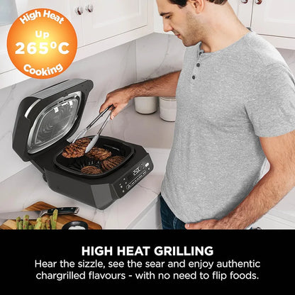 Ninja 5-in-1 Indoor Grill & Air Fryer, 5 Cooking Functions, Make Up to 4 Burgers, 5.7L capacity, Low Smoke, Includes Digital Meat Thermometer, Black/Silver, EG351UK