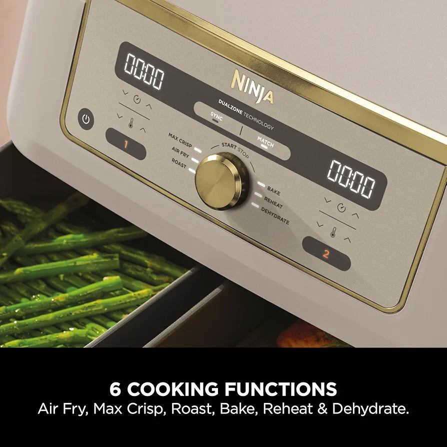 Ninja MAX Dual Zone Digital Air Fryer, 2 Drawers, 9.5L, 6-in-1, Uses No Oil, Air Fry, Max Crisp, Roast, Bake, Reheat, Dehydrate, Non-Stick, Dishwasher Safe Baskets, Stone Gold DZ400UKSTGD