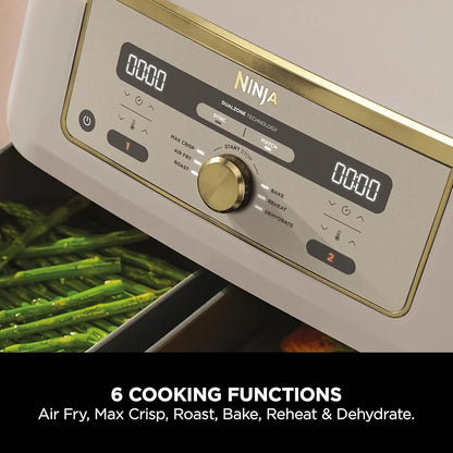 Ninja MAX Dual Zone Digital Air Fryer, 2 Drawers, 9.5L, 6-in-1, Uses No Oil, Air Fry, Max Crisp, Roast, Bake, Reheat, Dehydrate, Non-Stick, Dishwasher Safe Baskets, Stone Gold DZ400UKSTGD