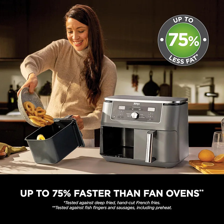 Ninja MAX Dual Zone Digital Air Fryer, 2 Drawers, 9.5L, 6-in-1, Uses No Oil, Air Fry, Max Crisp, Roast, Bake, Reheat, Dehydrate, Non-Stick, Dishwasher Safe Baskets, Gun Metal Grey DZ400UK