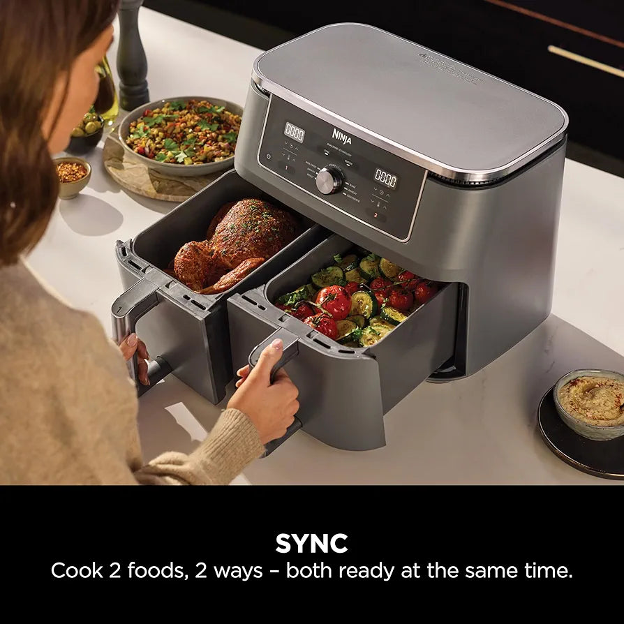 Ninja MAX Dual Zone Digital Air Fryer, 2 Drawers, 9.5L, 6-in-1, Uses No Oil, Air Fry, Max Crisp, Roast, Bake, Reheat, Dehydrate, Non-Stick, Dishwasher Safe Baskets, Gun Metal Grey DZ400UK