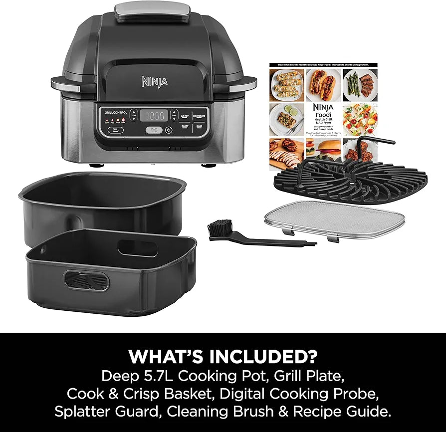 Ninja Foodi Health Grill & Air Fryer 5.7L with Cyclonic Air Technology, 5-in-1, Air Fry, Grill, Bake, Roast, Dehydrate, Dishwasher Safe Parts, Cleaning Brush, Black/Silver AG301UK