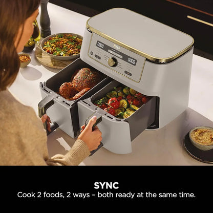 Ninja MAX Dual Zone Digital Air Fryer, 2 Drawers, 9.5L, 6-in-1, Uses No Oil, Air Fry, Max Crisp, Roast, Bake, Reheat, Dehydrate, Non-Stick, Dishwasher Safe Baskets, Stone Gold DZ400UKSTGD