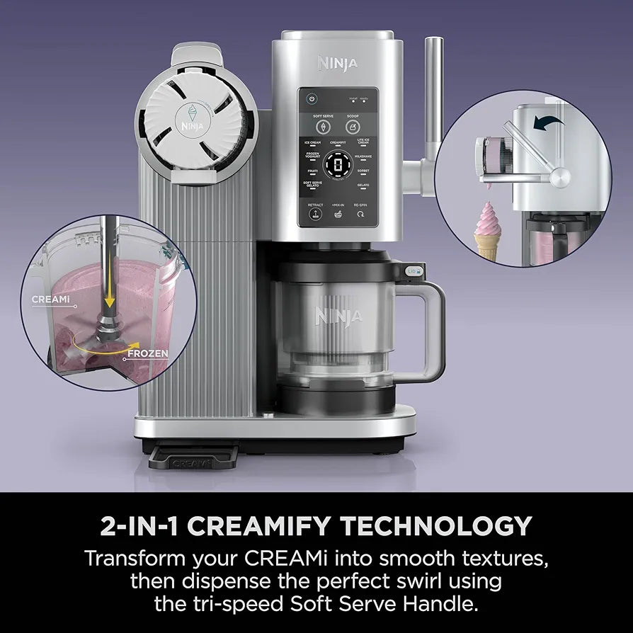 Ninja CREAMi Scoop and Swirl Soft Serve and Ice Cream Maker with 2x Tubs, 13 Functions, Makes Ice Cream, Soft Serve, Gelato, Sorbet, Milkshakes and More, Mix-In Option, Platinum Silver, NC701UK
