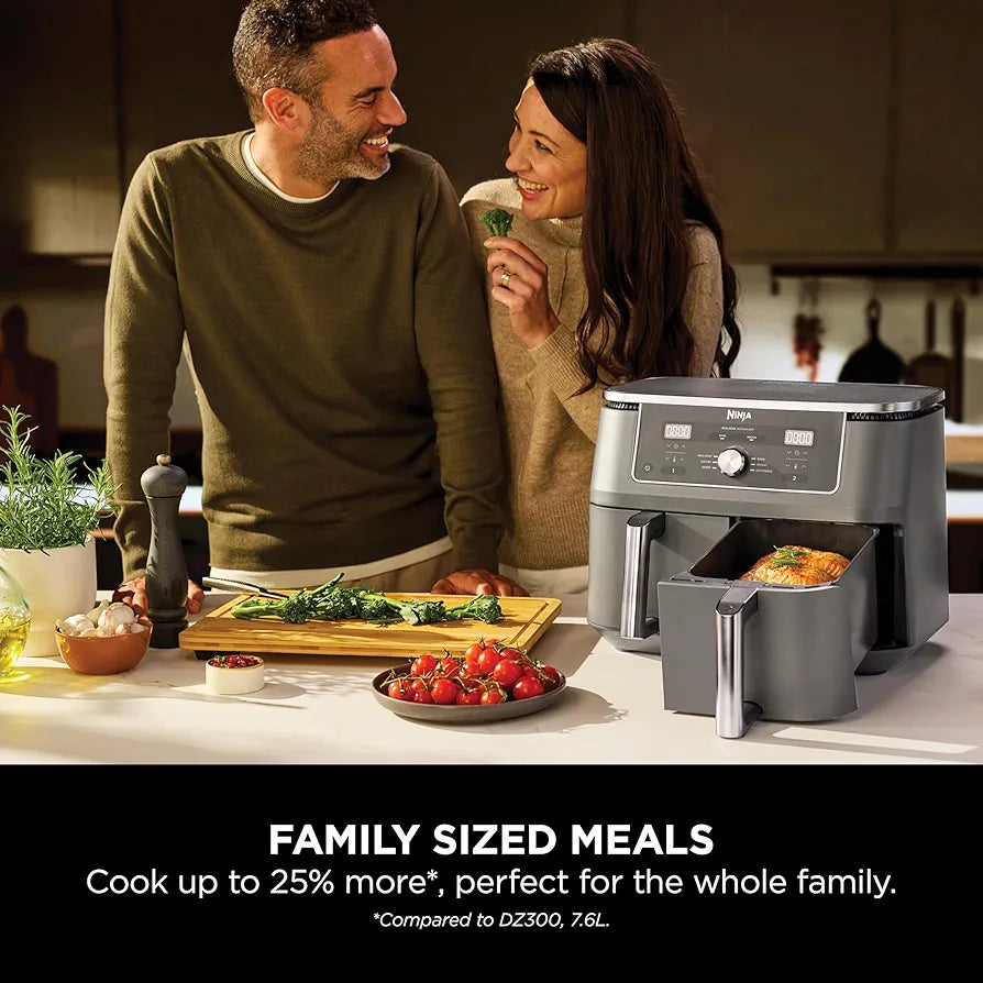 Ninja MAX Dual Zone Digital Air Fryer, 2 Drawers, 9.5L, 6-in-1, Uses No Oil, Air Fry, Max Crisp, Roast, Bake, Reheat, Dehydrate, Non-Stick, Dishwasher Safe Baskets, Gun Metal Grey DZ400UK