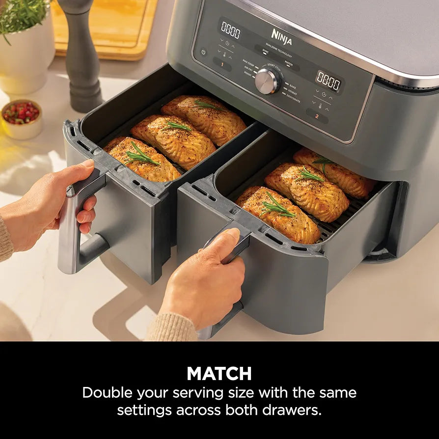 Ninja MAX Dual Zone Digital Air Fryer, 2 Drawers, 9.5L, 6-in-1, Uses No Oil, Air Fry, Max Crisp, Roast, Bake, Reheat, Dehydrate, Non-Stick, Dishwasher Safe Baskets, Gun Metal Grey DZ400UK
