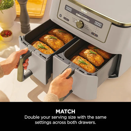 Ninja MAX Dual Zone Digital Air Fryer, 2 Drawers, 9.5L, 6-in-1, Uses No Oil, Air Fry, Max Crisp, Roast, Bake, Reheat, Dehydrate, Non-Stick, Dishwasher Safe Baskets, Stone Gold DZ400UKSTGD