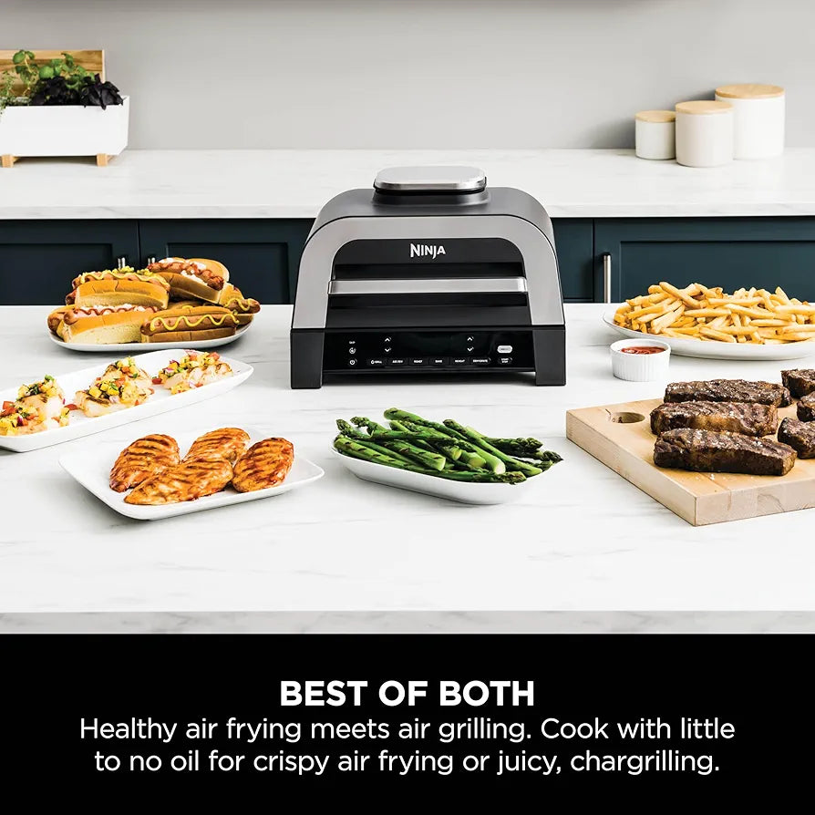 Ninja 6-in-1 MAX Indoor Grill & Air Fryer, 6 Cooking Functions, Make Up to 6 Burgers, 3.8L Capacity, Low Smoke, Includes Digital Meat Thermometer, Grey/Silver, DG551UK