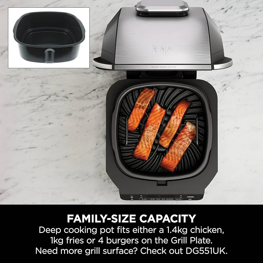Ninja 6-in-1 MAX Indoor Grill & Air Fryer, 6 Cooking Functions, Make Up to 6 Burgers, 3.8L Capacity, Low Smoke, Includes Digital Meat Thermometer, Grey/Silver, DG551UK