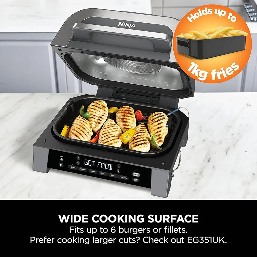 Ninja 6-in-1 MAX Indoor Grill & Air Fryer, 6 Cooking Functions, Make Up to 6 Burgers, 3.8L Capacity, Low Smoke, Includes Digital Meat Thermometer, Grey/Silver, DG551UK