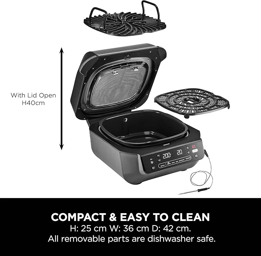 Ninja 5-in-1 Indoor Grill & Air Fryer, 5 Cooking Functions, Make Up to 4 Burgers, 5.7L capacity, Low Smoke, Includes Digital Meat Thermometer, Black/Silver, EG351UK
